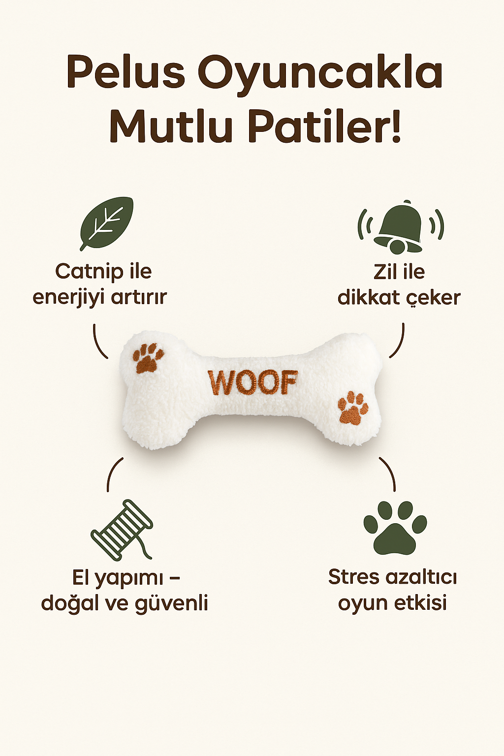 Catnipli Kedi Oyuncağı ve Zilli İnteraktif, Rahatlatıcı Oyun Arkadaşı - Peluş Kemik